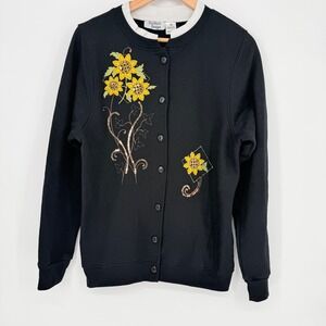 VTG Hartfield Design‎ Sunflower Embroidered Sequin Cardigan Sweatshirt Black M